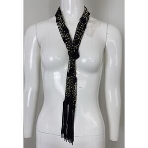 Women’s Black Crocheted Gold Bead Fringe Necklace Scarf Belt 72x2